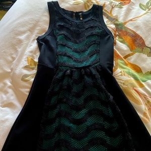 Dress w/ Peekaboo Teal Slip. Tracy Reese! Black mini. Sexy yet demure! Size 2